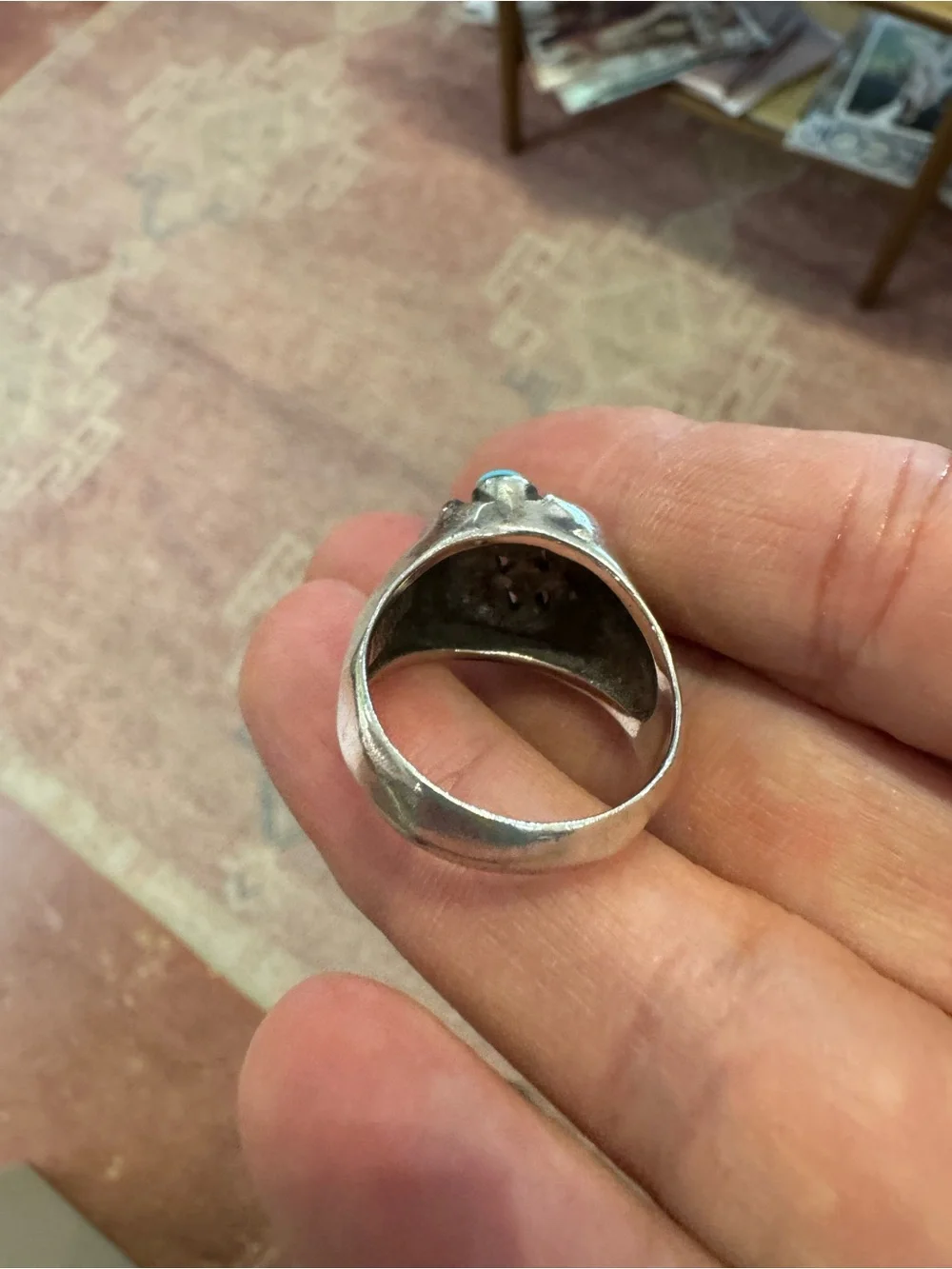 Unique Sterling and turquoise modern statement ring size nine. Stamped by artist
